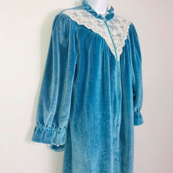 Vintage JC Penny Womens M Robe Teal Blue Velour Zip Up Housecoat Pockets - Picture 4 of 8